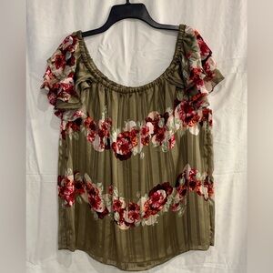 Banana Republic moss green Floral Ruffle Blouse